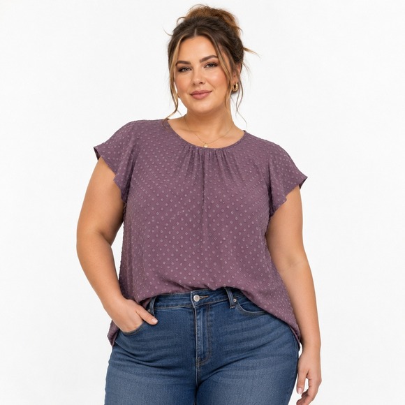 Les Serein Tops - Les Serein Landon Short Sleeve Crew Neck Blouse Light Purple Swiss Dot 1X NEW